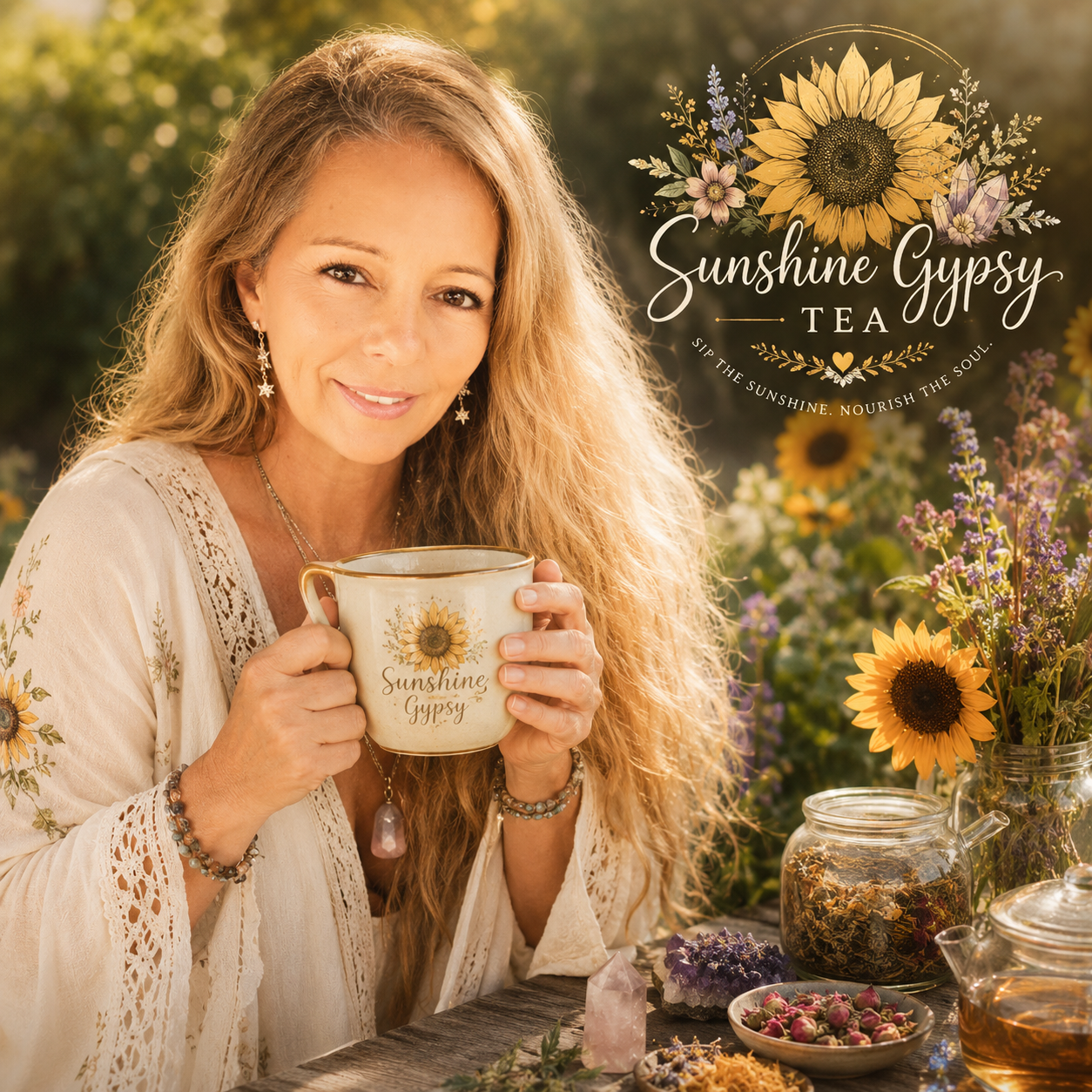 Connie Pope, founder of Sunshine Gypsy Tea, holding a sunflower mug in a garden of wildflowers and crystals